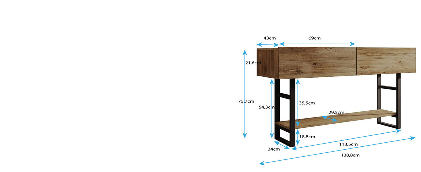 Muebles Bonitos Hallway Furniture, Console Table, Chest of Drawers, Hallway Table with 2 Doors and 1 Shelf, Industrial Design, Matte Black Steel Structure and Melamine Top in Wood Colour, Model