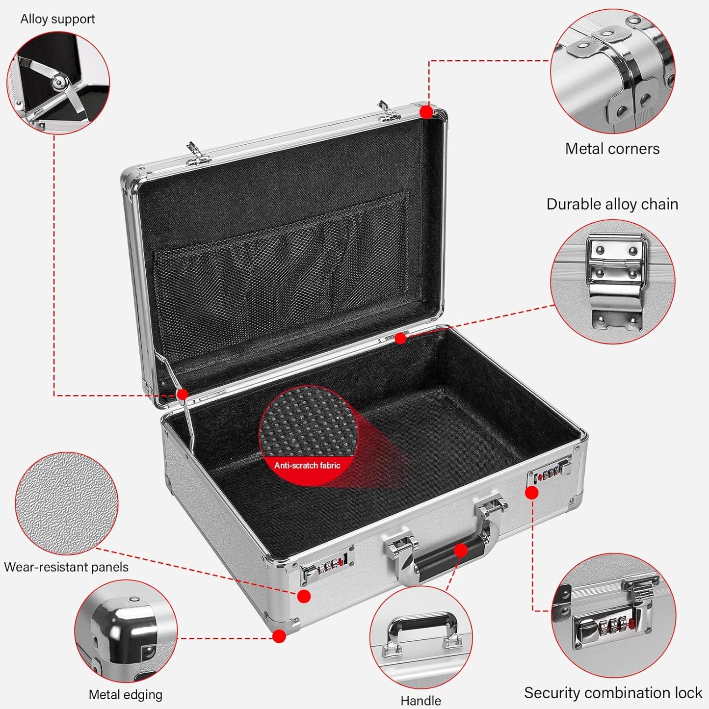 File Organizer Storage Box - 16.9 x 12.2 x 6.3 Inch Large, Portable Locking Storage Totes with Dual Combination Locks for Cash, Documents & Valuables - Silver