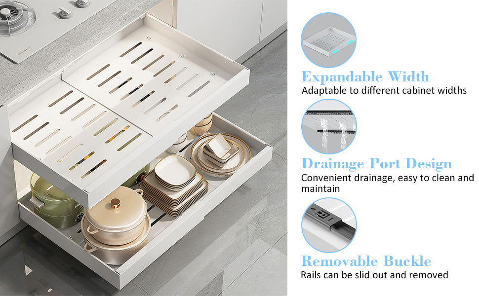 Expandable Pull Out Cabinet Organizer | Three Noiseless Damping Rails | Simply Peel-and-Stick Installation | Pull Out Drawers for All Cabinets, Adjustable Width 12.4"-20.47 White