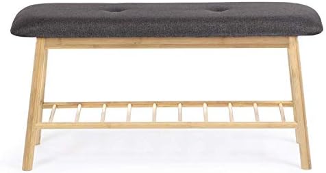 IDMarket - Entrance Bench Upholstered Bamboo Rita Fabric Dark Grey