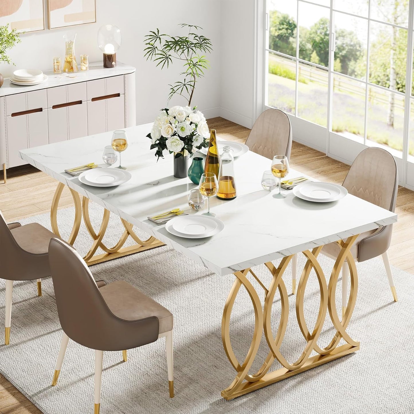 Moderner Esstisch für 6 Personen, Tisch Wohnzimmer, 160 x 80 x 75 cm, Rechteckig, Küchentisch, Esstisch für Esszimmer und Küche, Wohnzimmer, Moderner-Design, Weiß und Gold