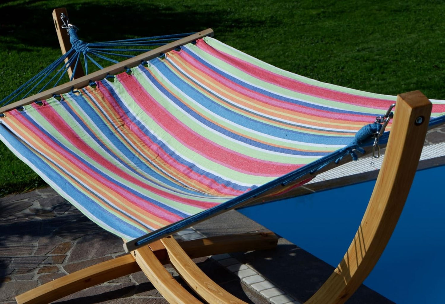 Blanca-Caleta Hammock Frame 320 cm with Natural Larch Wood Frame with Striped Bar Hammock