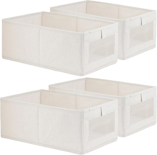 4 Pack Linen Storage Bins, Storage Containers for Organizing Clothing, Jeans, Toys, Books, Shelves, Closet, Wardrobe - Closet Organizers and Storage, Large Storage Boxes Baskets with Window