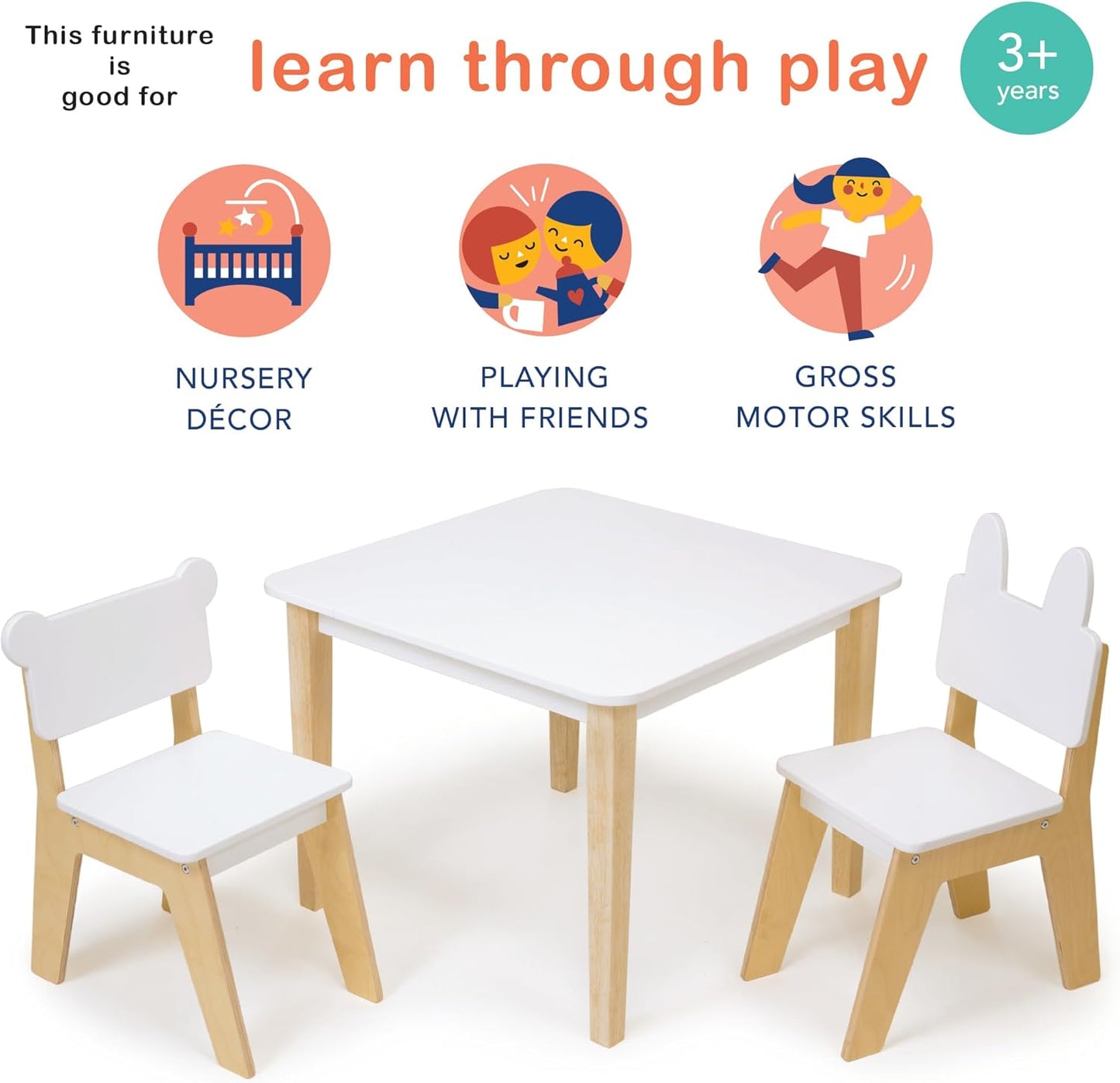 Mentari Toys - Kid’s Table and Chair Set - Wooden Easy Clean Table and 2 Animal Themed Chairs - Children’s Playroom, Classroom Furniture - Sturdy Set for Play and Learning - Age 3+