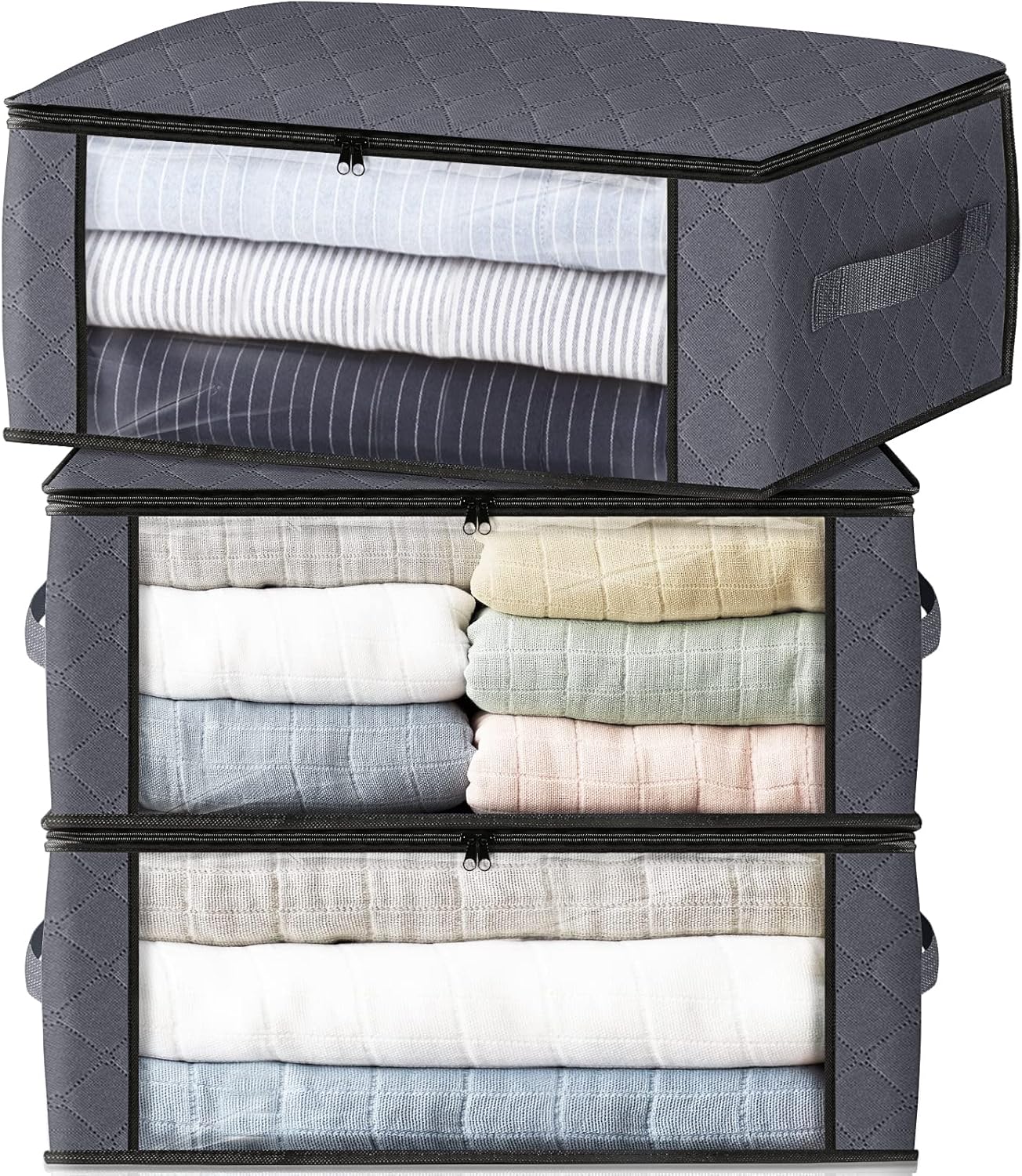 HomeHacks Storage 3-Pack Clothes Organizer Storage Bags Foldable Storage Box with Large Clear Window Sturdy Handles for Closet, Dorm, Pillows, Bedding, Clothes, Blankets, 35L, Gray