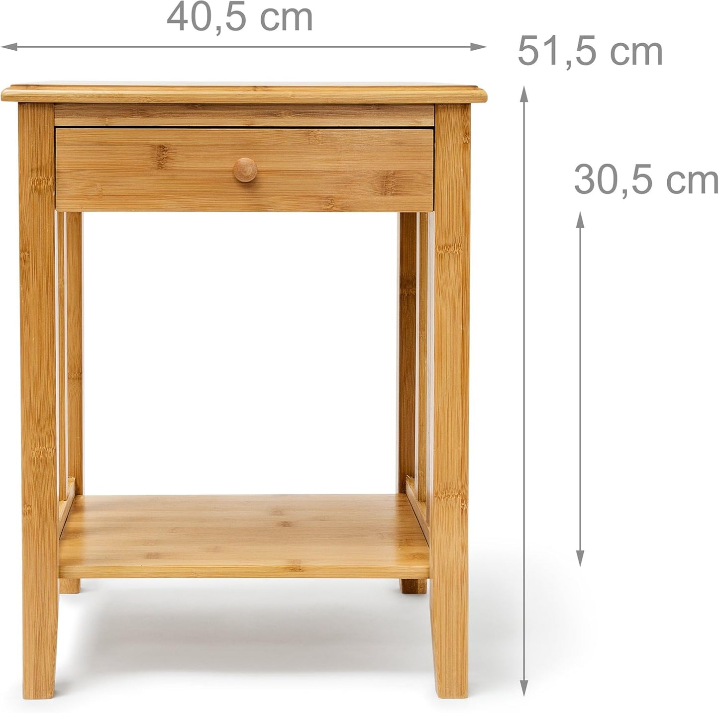 Bambus Beistelltisch mit Schublade H x B x T: ca. 51,5 x 40,5 x 30,5 cm Nachttisch aus robustem Holtz als schmale Nachtkonsole mit Schubfach als kleiner Tisch mit 2 Ablageflächen, natur