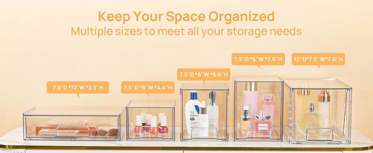 Vtopmart 4 Pack Clear Stackable Storage Drawers,7.6" H Plastic Organizers Bins for Skincare, Bathroom Supplies,Ideal for Cabinet,Undersink,Vanity,Kitchen,Pantry Organization