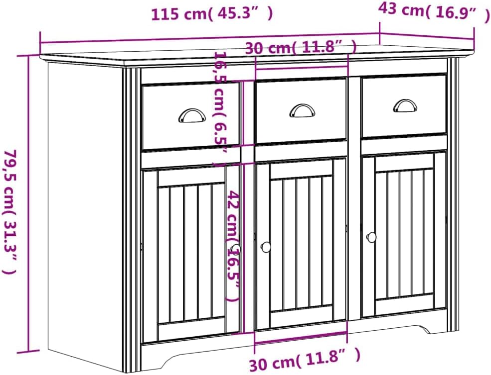 Sideboard, White and Brown, 115 x 43 x 79.5 cm, Solid Pine Wood, Chest of Drawers, Bedroom, Dressers & Sideboards, Living Room Cabinet, Hallway Chest of Drawers, Room Furniture