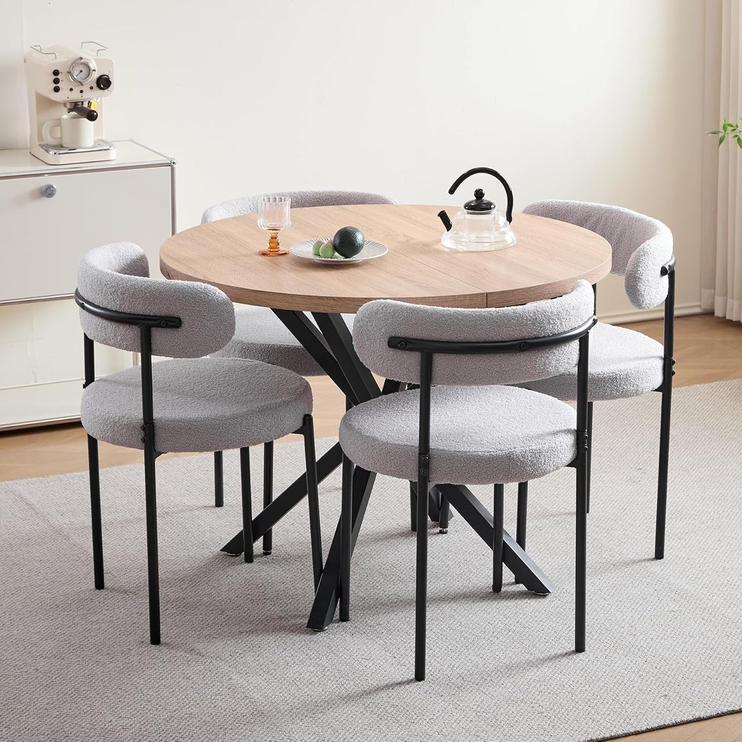 Dining Set Table and Chairs, 100 cm Round Dining Table with 4 Dining Room Chairs, Table and 4 Chairs for Kitchen, Living Room, Balcony, Restaurant, Office (Light Wood Colour + Grey)