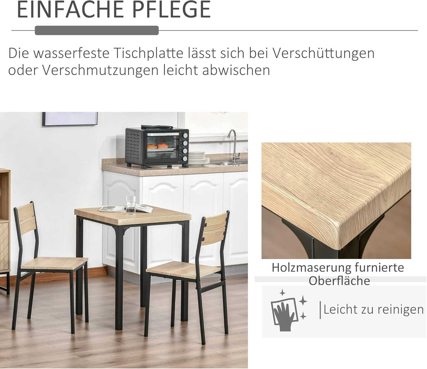 3-piece dining set, dining table set, MDF wood table with natural wood grain, metal and black with 1 table and 2 chairs.