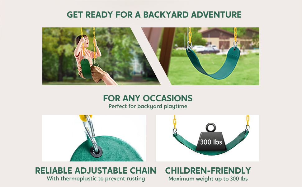 TURFEE 3 Pack Green Swing Seats Heavy Duty with 66" Chain, Swing Set Accessories Replacement with Snap Hooks for Kids Outdoor Play Playground, Trees, Backyard (Limit 300lb)