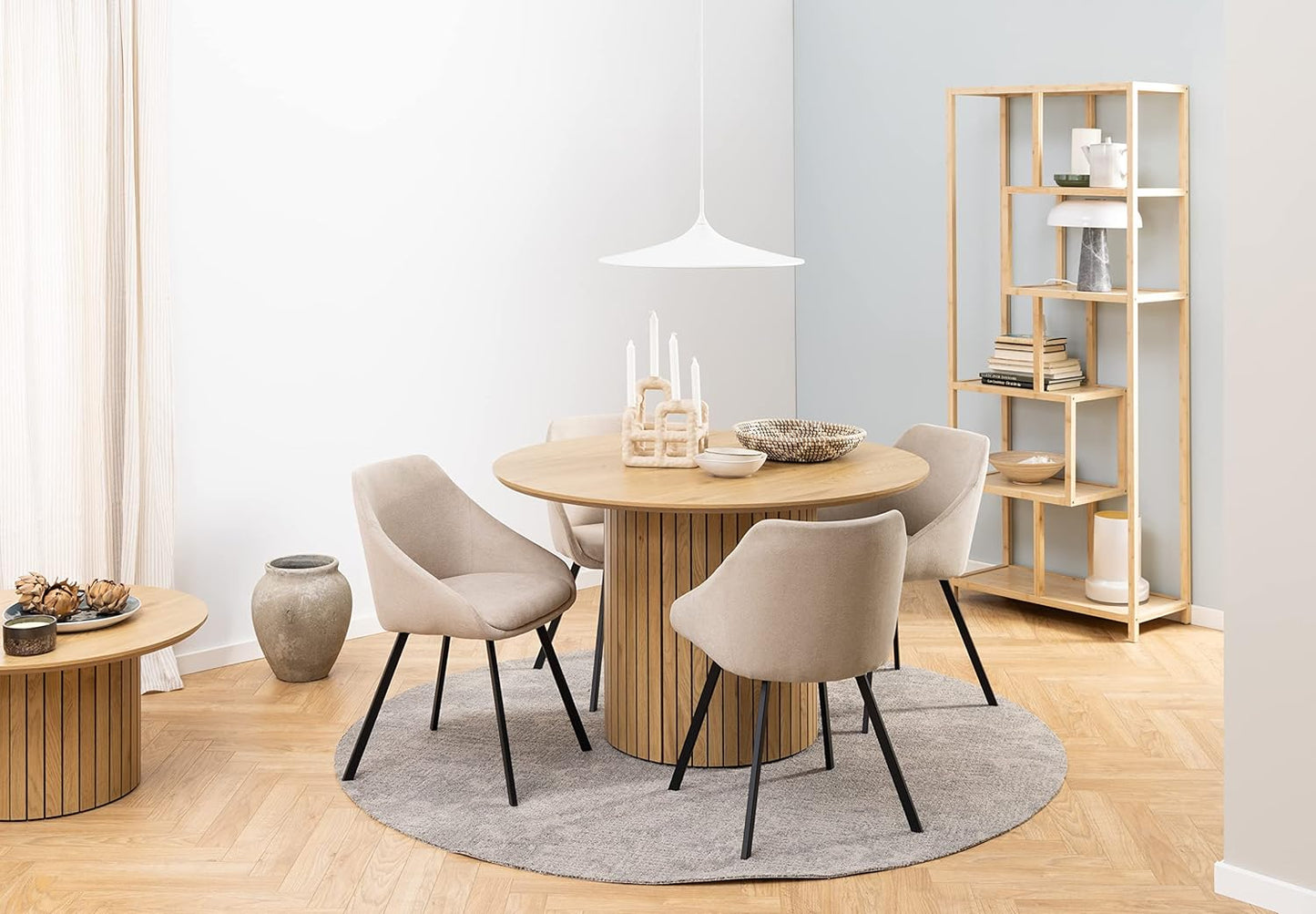 Design Furniture Yaron Wild Oak Effect Dining Table for 4 People, Column Base with Slat Front, Round Dining Table, Diameter 120 x Height 75 cm, Natural