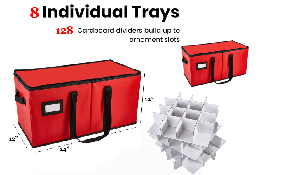 Red Christmas Ornament Storage Box, Ornament Storage Container Keeps 128 Holiday Christmas Ornaments 2.8-Inch, 600D Oxford 24" x 12" x 12" Organizer