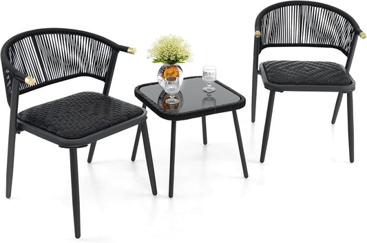 Rattan Garden Furniture Set, Balcony Set with 2 Chairs and Table, Balcony Furniture with Quick-Drying Foam Padding, Rattan Furniture for Small Balcony, Patio Furniture, Garden Furniture