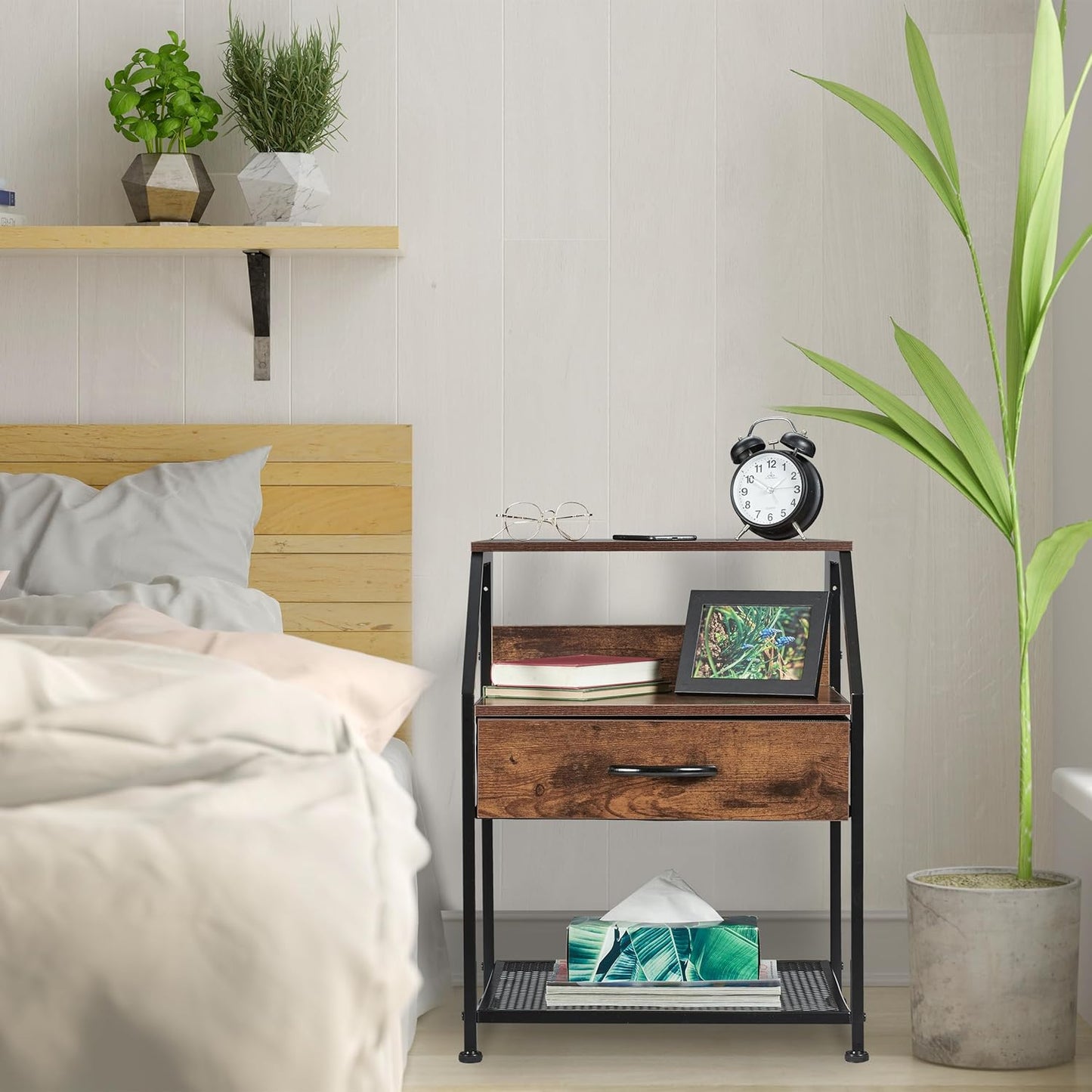 Industrial Bedside Table, 3 Shelves, Drawer, Rustic Wood Look, Side Table, HBT 61 x 47 x 39 cm, Black/Brown