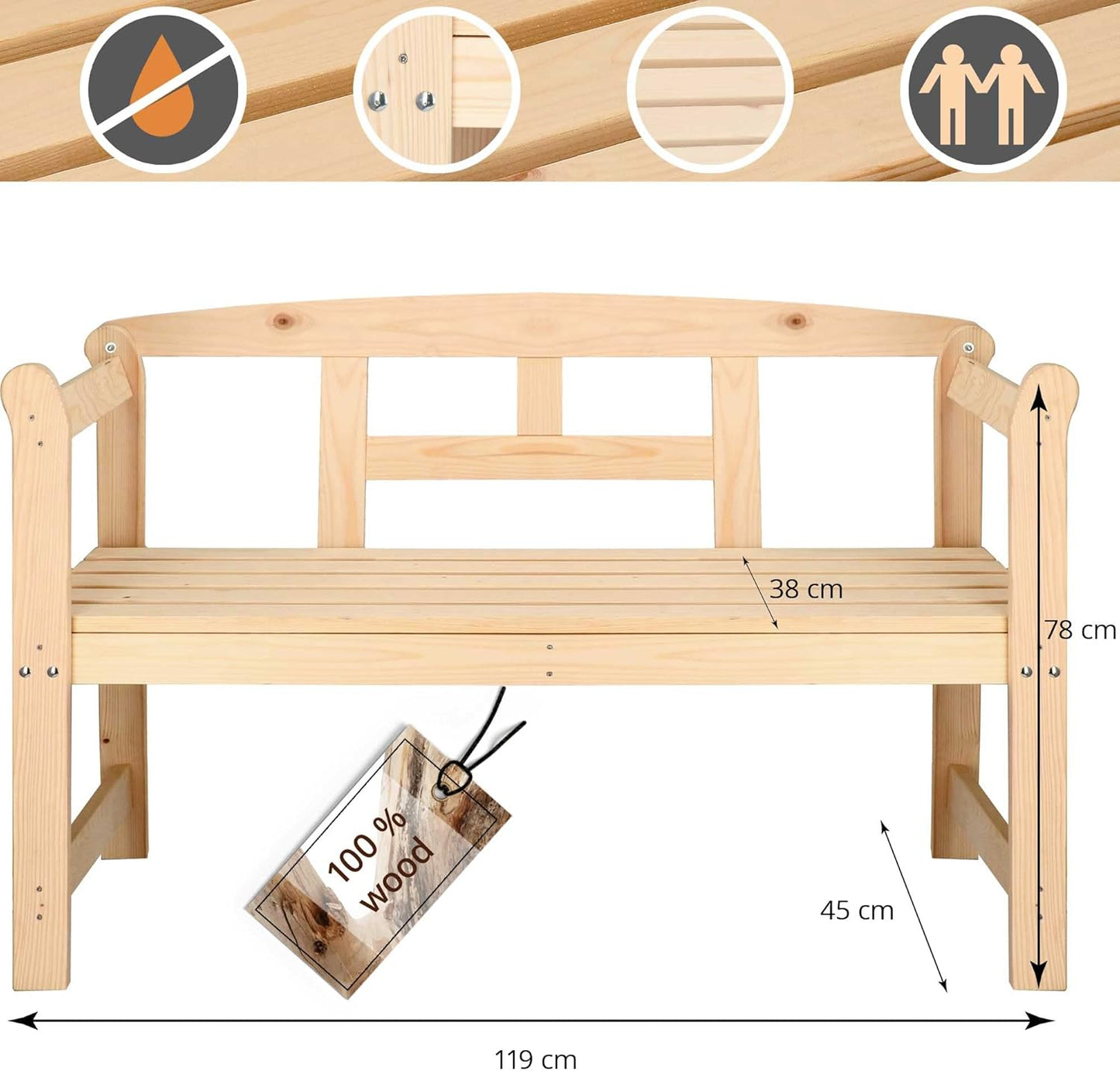 Wooden Bench with Armrests for 2 People, Garden Bench, 119 x 45 x 78 cm, Country House Style, Solid Raw Wood