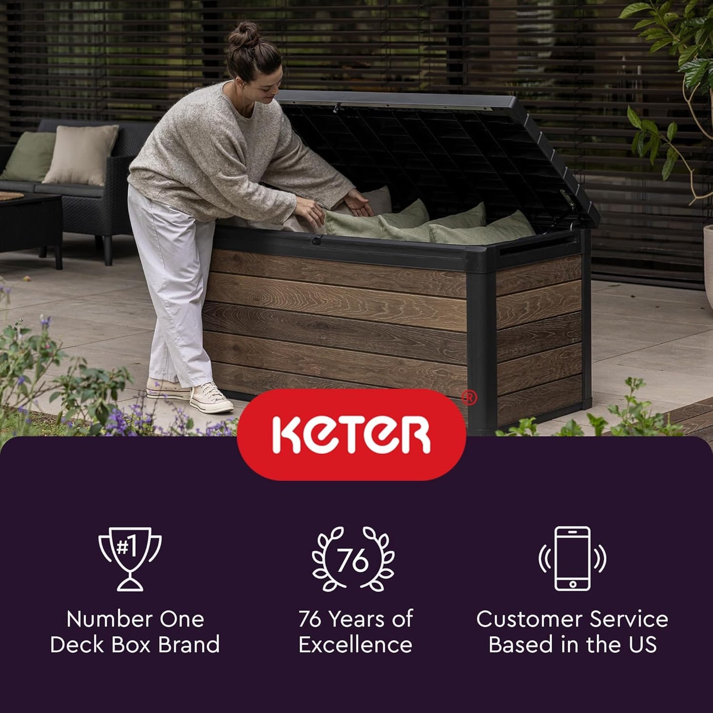 Keter City 30 Gallon Resin Outdoor Storage Box and Patio Storage Box Side Table for Pool and Garden Accessories, Dark Grey