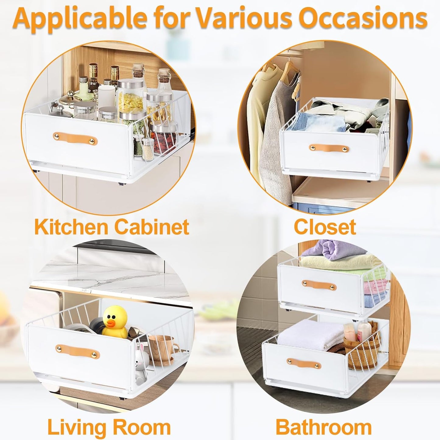 Likiyol Pull Out Cabinet Organizer, Pull Out Drawers for Cabinets with Adhesive Nano Film Slide Out Drawers for Kitchen Cabinets, Cabinet Pull Out Shelves for Kitchen, 15.7"D x 11.8"W x 6.3"H, White