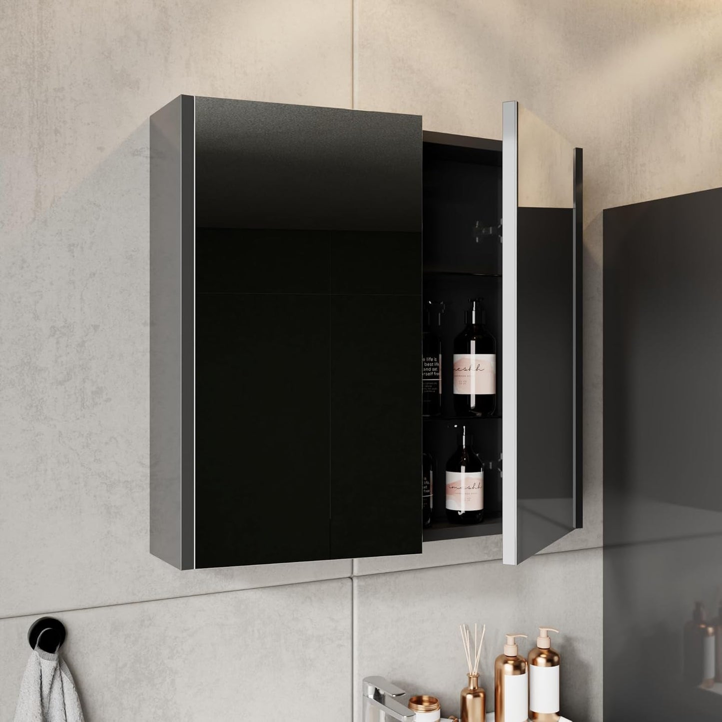 KAREN banyo Lotus 80 Bathroom Furniture Set, Anthracite, Ceramic Sink, Base Cabinet, Mirror Cabinet, Soft-Close Drawers & Doors & Handle Strips Made of Chrome, Modern Style, Bathroom Furniture