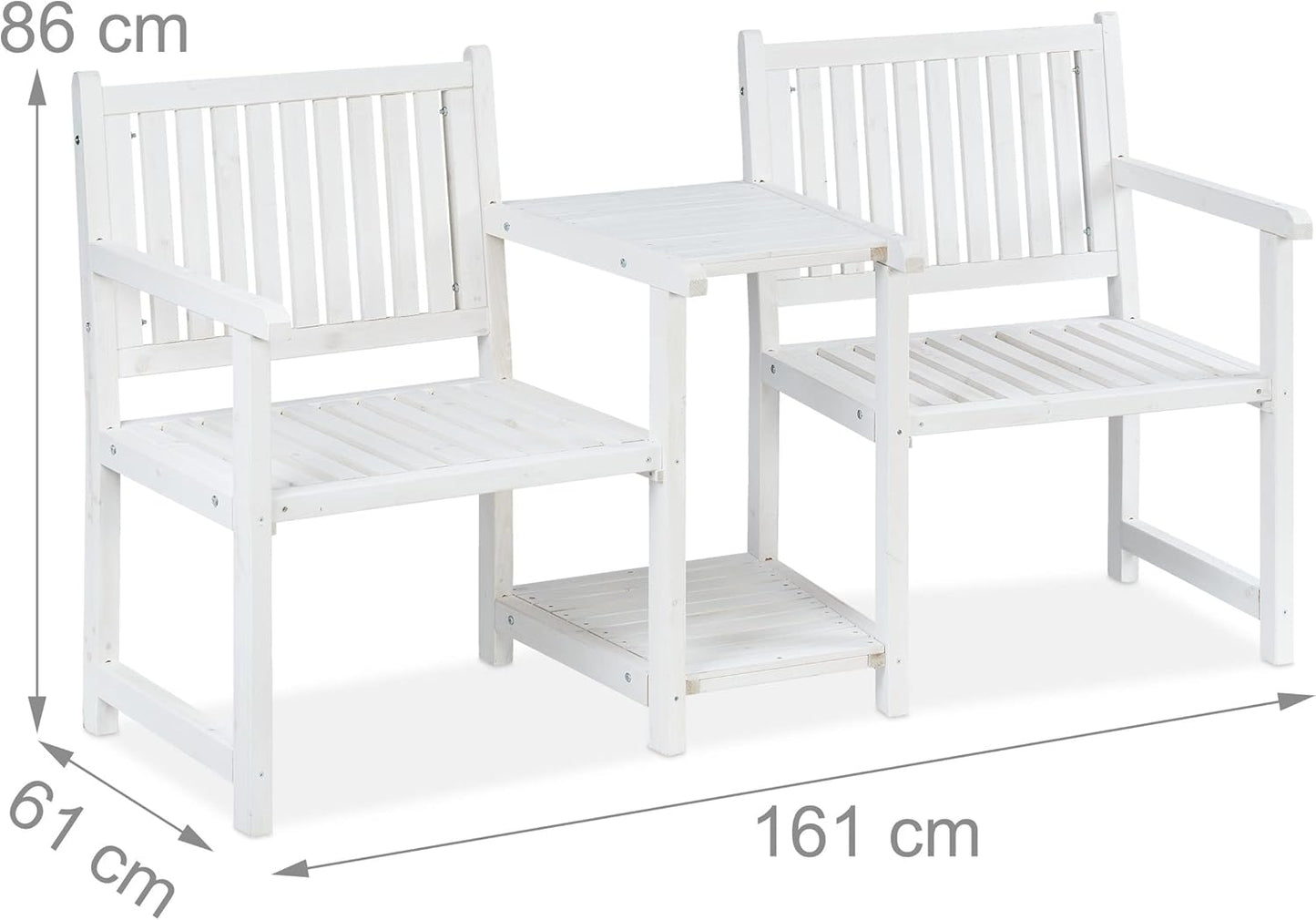 Garden Bench with Integrated Table, 2-Seater, Robust Wooden Bench, HBT: 86 x 161 x 61 cm, Garden and Balcony, White