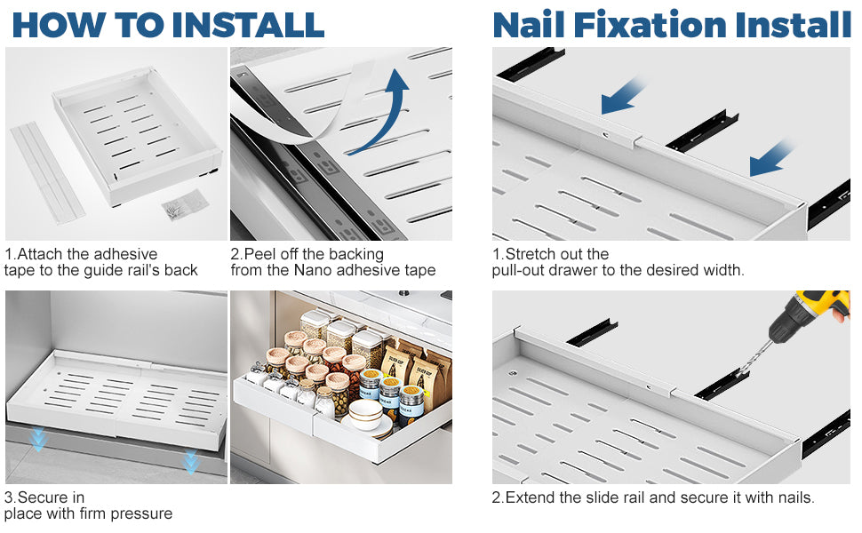Pull Out Drawers for Cabinets, 2 Packs Expandable(12.6''-20.5'') Slide Out Shelves for Kitchen Cabinets, Pullout Cabinet Organizer with Adhesive Nano Film and Screws for Kitchen Cabinet Organization