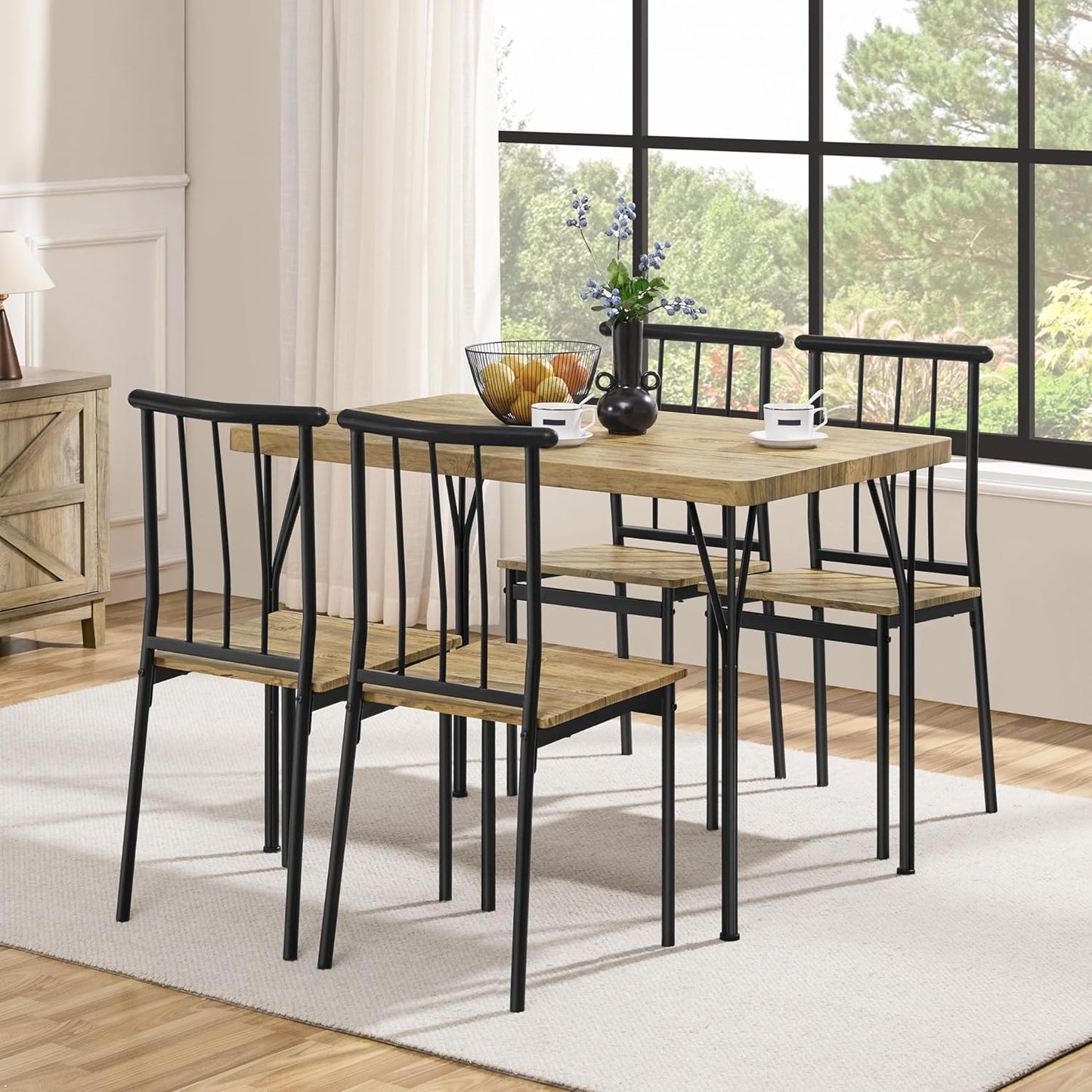 Dining Table with 4 Chairs, Rectangular Kitchen Table Set, Set of 5 for 4 People, Kitchen Table Set for Dining Room, Living Room, Patio, Brown