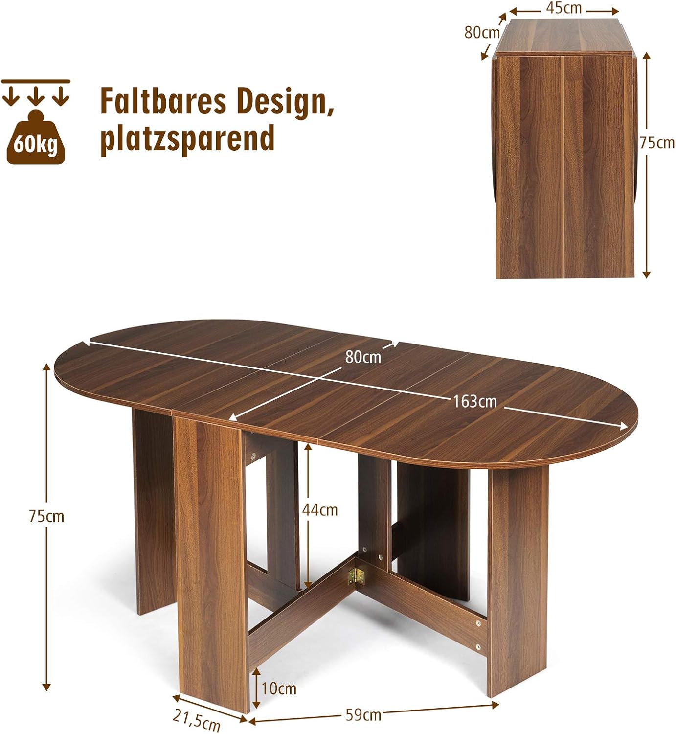 Dining Table with 3 Shapes, Folding Console Table, Wooden Side Table, Folding Table with Rounded Corners, Multifunctional, Round, Modern, for Dining Room, Living Room, Kitchen, Brown