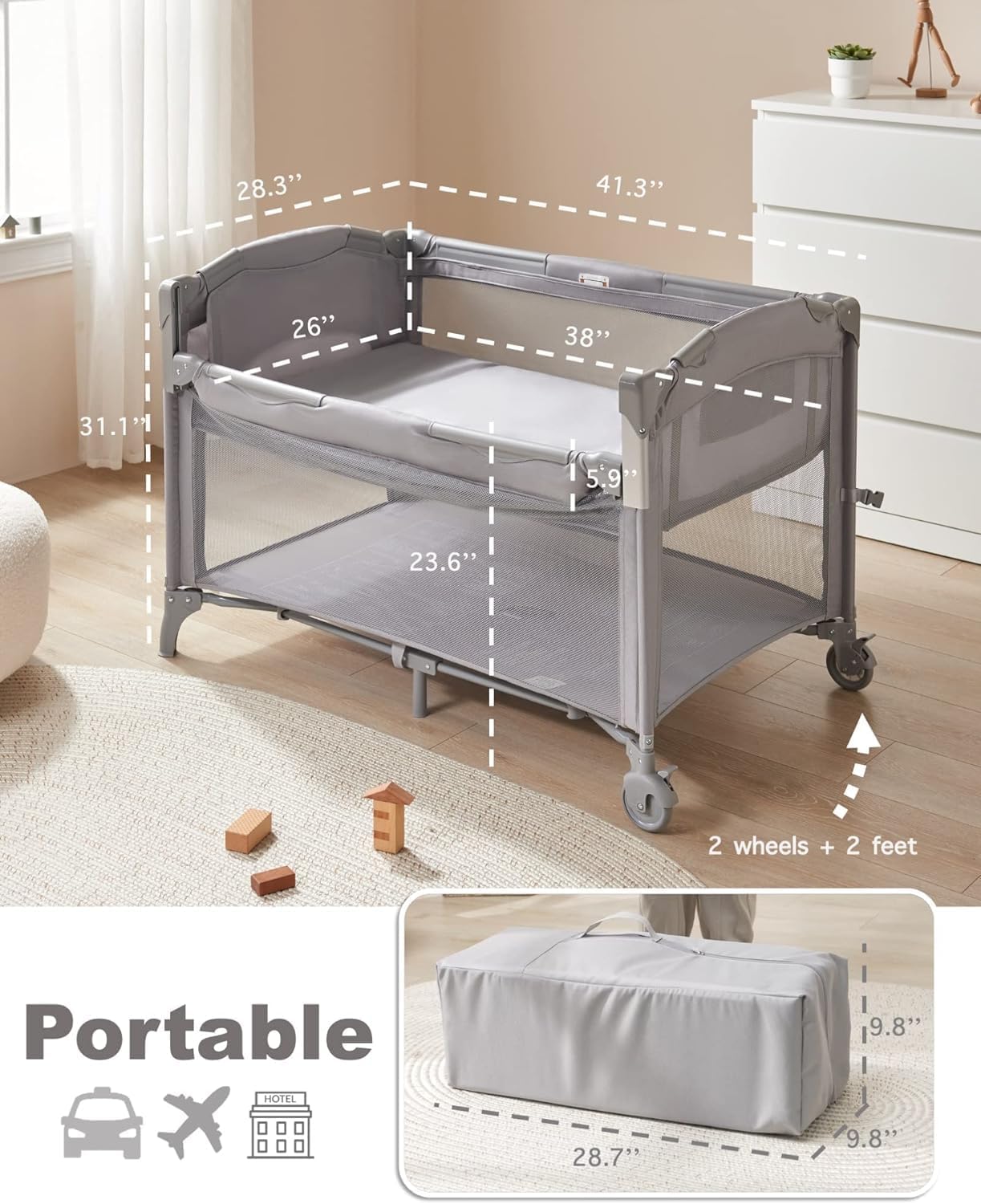 BEKA 4 in 1 Baby Bassinet Bedside Sleeper, Baby Bedside Crib 4 Functions, Bedside Bassinet Crib Sleeper, Playard, Changing Table, Baby Bassinet for Newborn Baby