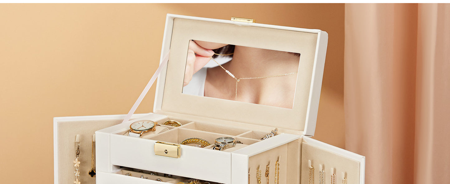 Homde Synthetic Leather Huge Jewelry Box Mirrored Watch Organizer Necklace Ring Earring Storage Lockable Gift Case (White + Gold)