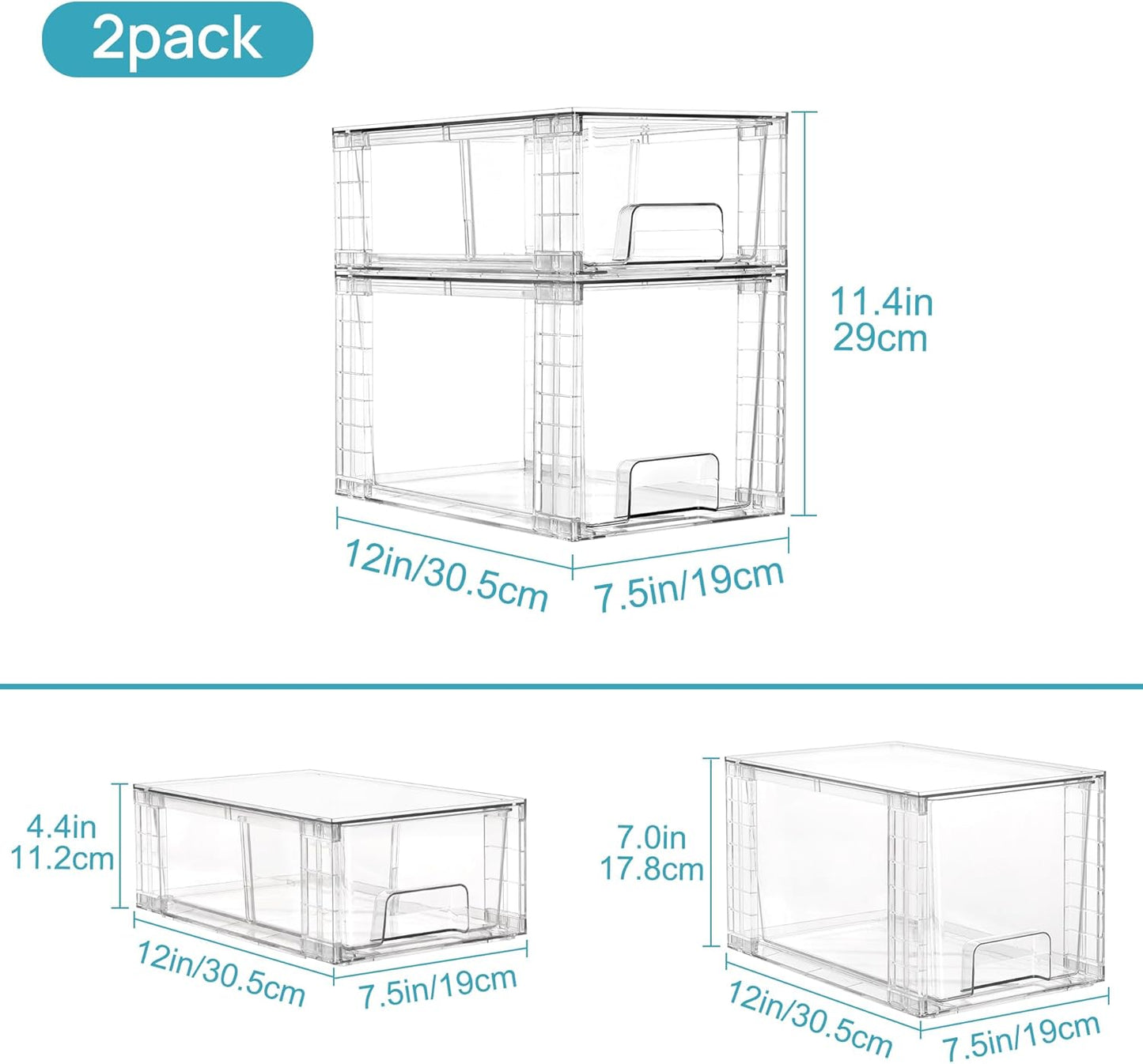 Vtopmart 4 Pack Clear Stackable Storage Drawers,Easy to Assemble Bathroom Organizers and Storage with handles,Plastic Drawers for Kitchen Pantry,Cabinet,Under Sink Organization