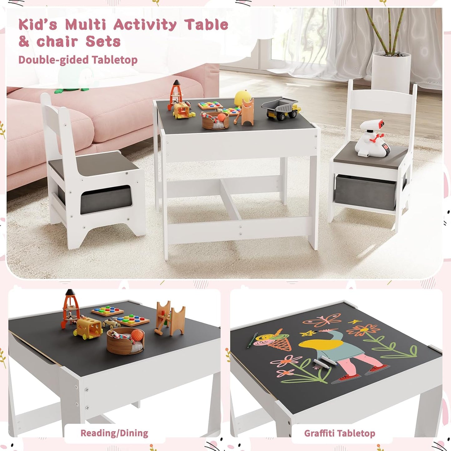 Kids Table and Chair Set, 3 in 1 Wooden Activity Table for Toddlers Arts, Crafts, Drawing, Reading, Playroom, Toddler w/ 2 in 1 Tabletop, Storage Space, Gift for Boy & Girl