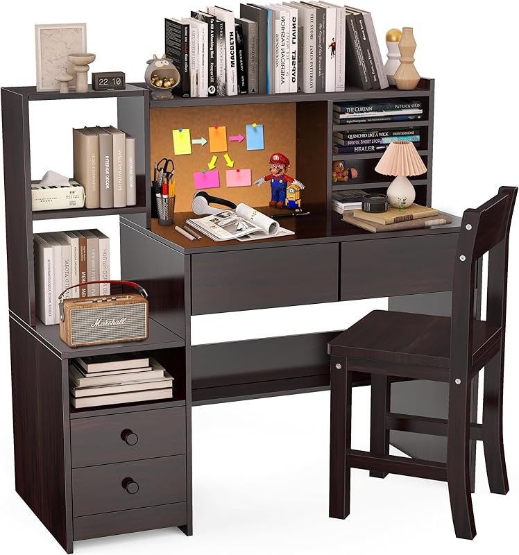 Espresso Kids Desk and Chair Set for 5-12 Year Old, Childrens Computer Desk with 4 Drawers, Kids Study Table with Storage Shelf-fW40