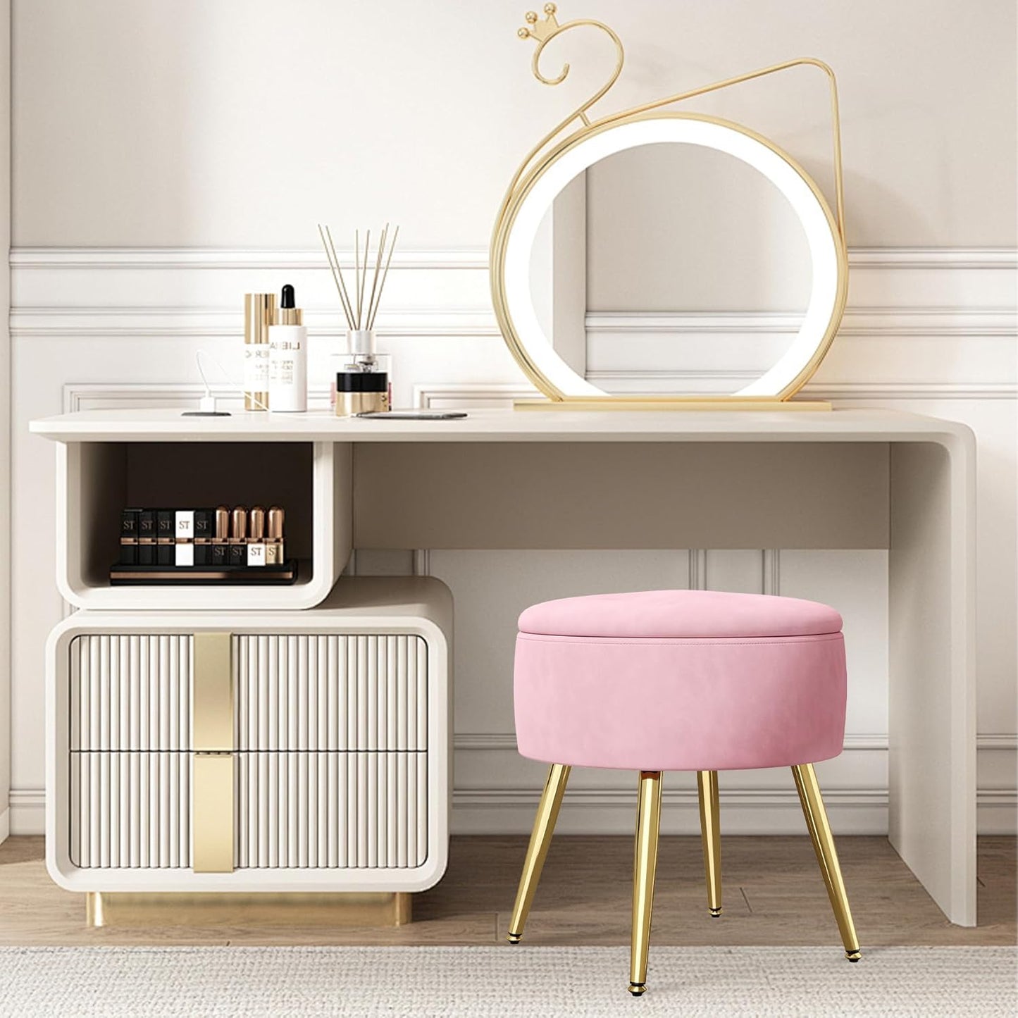 Stool with Storage Space Round Stool Dressing Table Stool Ottoman Round Padded Stool Removable Cover Metal Support Pink