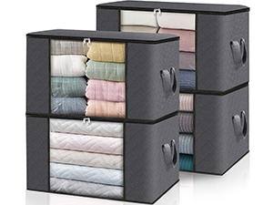 HomeHacks Storage 3-Pack Clothes Organizer Storage Bags Foldable Storage Box with Large Clear Window Sturdy Handles for Closet, Dorm, Pillows, Bedding, Clothes, Blankets, 35L, Gray