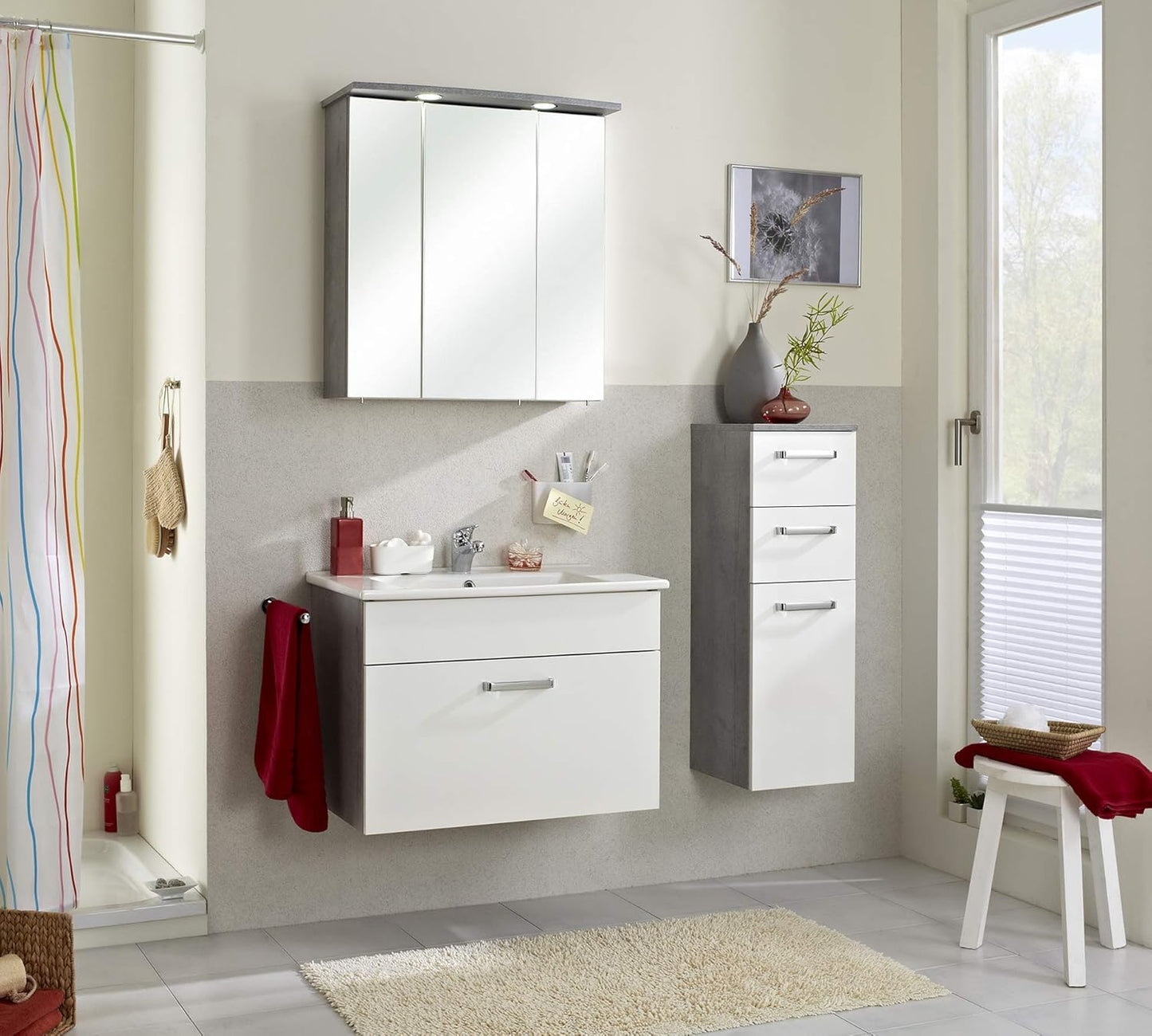 Bathroom Cabinet in White Gloss / Concrete Look, 30 cm Wide, Base Cabinet with 1 Door, 2 Drawers and 1 Shelf