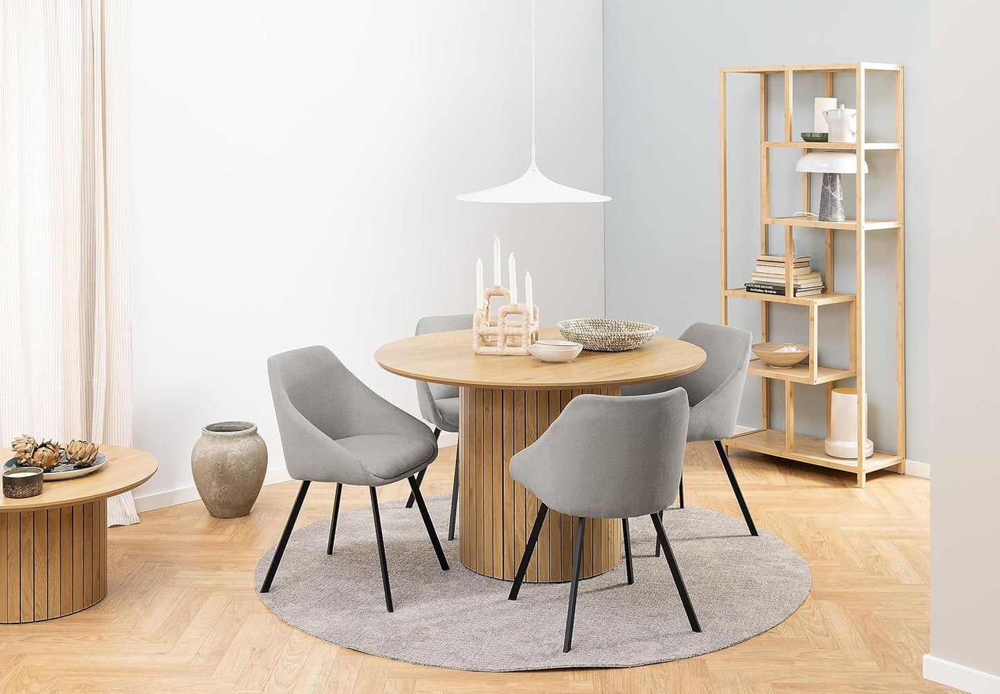 Design Furniture Yaron Wild Oak Effect Dining Table for 4 People, Column Base with Slat Front, Round Dining Table, Diameter 120 x Height 75 cm, Natural