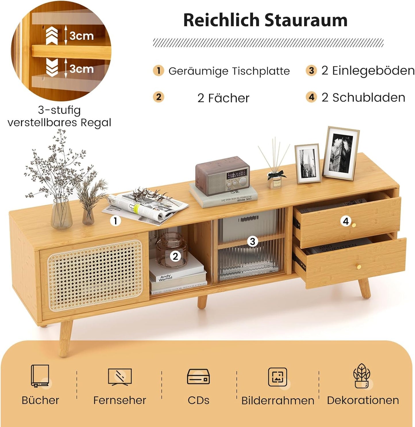 Bamboo TV Cabinet, TV Lowboard with Rattan & Glass Sliding Doors, TV Stand with 2 Drawers, TV Cabinet for TVs up to 65 Inches, for Living Room, 140 x 31 x 45.5 cm