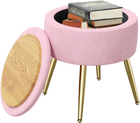 Stool with Storage Space Round Stool Dressing Table Stool Ottoman Round Padded Stool Removable Cover Metal Support Pink