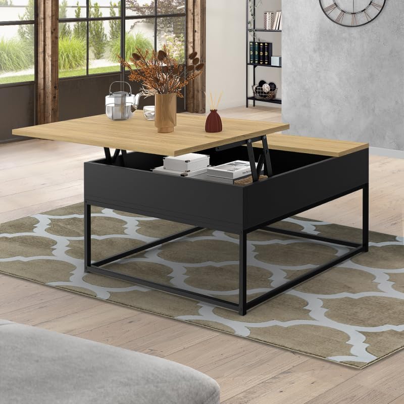 Black Square Coffee Table - Flip Up Top - Boston Effect Beech Industrial Design