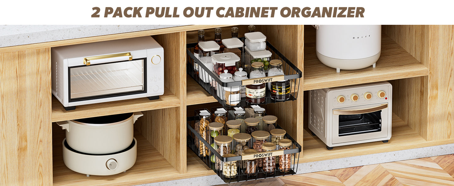 Pull Out Cabinet Organizer 2 Pack, Slide Out Drawers for Kitchen Cabinets, Cabinet Drawers with Adhesive Nano Glue for Bathroom, Living Room, Kitchen Clutter Organization