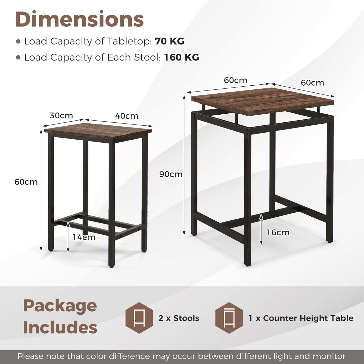 Bar Table with Bar Stool Set, Dining Table with 2 Chairs, Small Kitchen Table at Counter Height, Bar Table with Floating Table Top, Dining Group Industrial Design, Rustic Brown