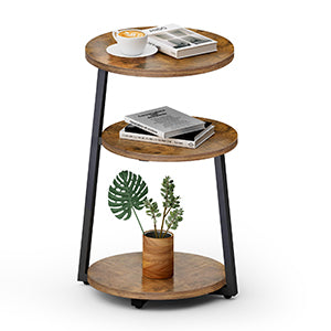 Round Side Table, 3-Tier Shelves, Wooden Side Table with Metal Frame, Small Table, Living Room for Living Room, Bedroom