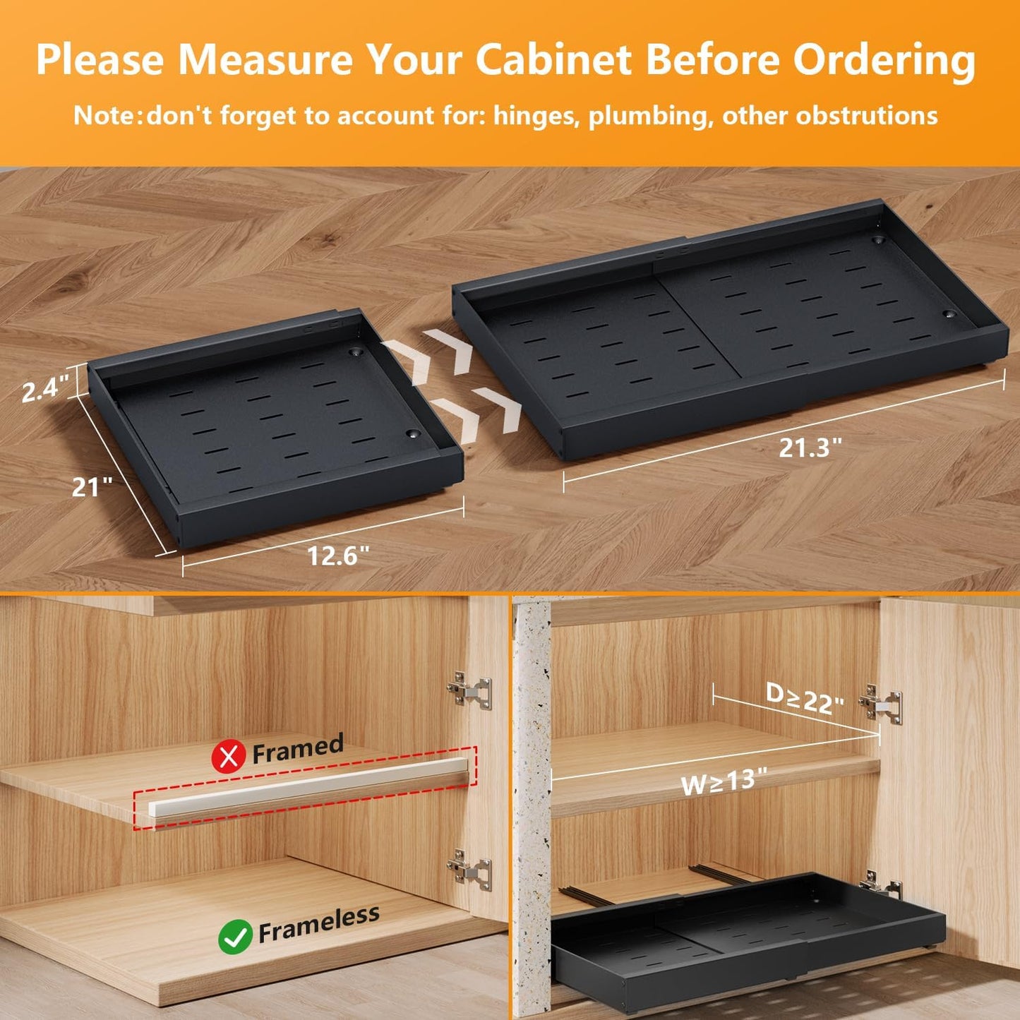 Pull Out Cabinet Organizer 21" Deep Heavy Duty Expandable(12.6"-21.3") Slide Out Drawers for Kitchen Cabinets with Adhesive 1 Pack Adjustable Roll Out Shelf Storage Organization for Pantry Bathroom