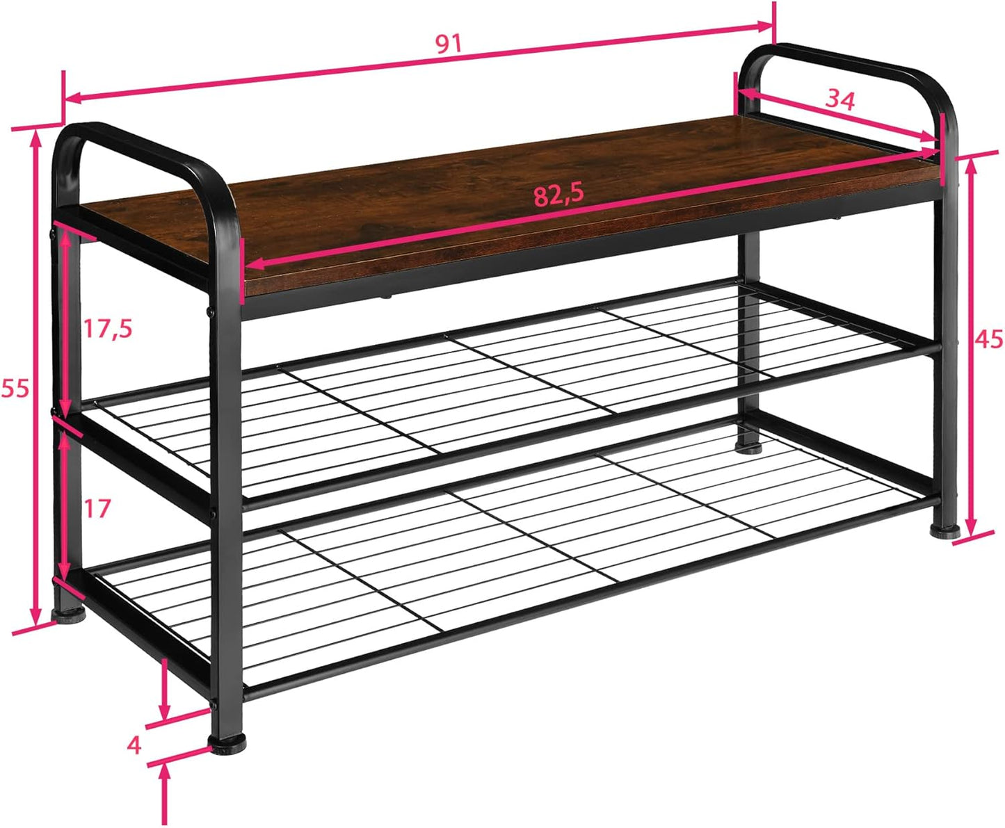 Shoe Rack with Seat, Shoe Bench Made of Wood and Metal, Industrial Design, 3 Tiers with 2 Grid Shelves, 91 x 36 x 55 cm, Black Metal Frame (Industrial Dark Brown)