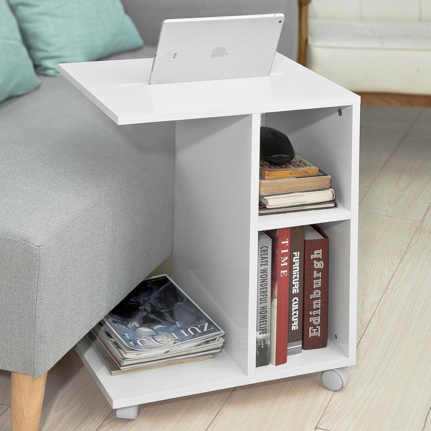 Side Table with Slot for iPad, Newspaper Stand, Coffee Table with Wheels, White, Width Approx. 45 x 58 x 35 cm