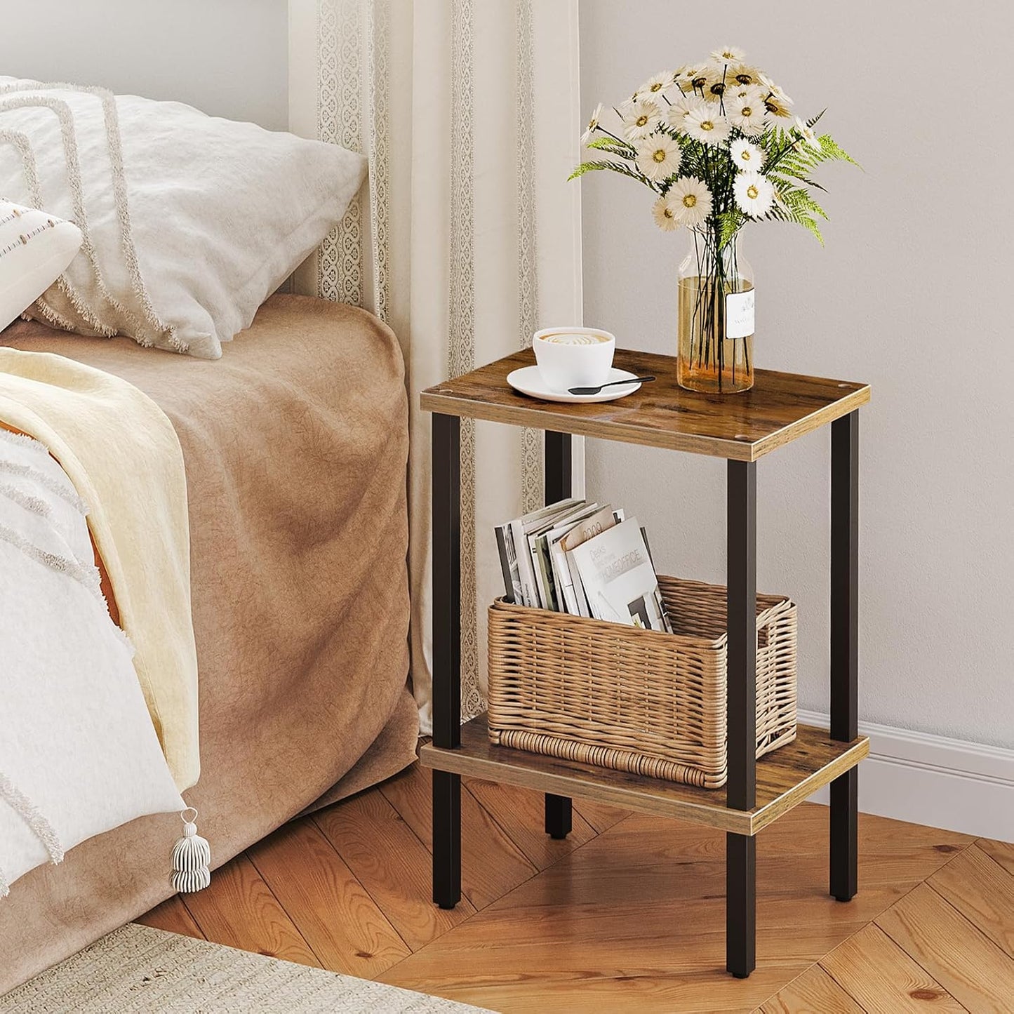 Side Table, Small Table, Narrow Coffee Table, Bedside Table with 2 Levels, Industrial Style, Wood Frame, for Living Room, Bedroom, Office, Vintage Brown and Black, AETHR7901N1