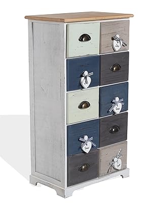 Rebecca Mobili RE4485 10 Drawer Cabinet Vintage Style Paulownia Wood White Blue Grey Bedroom Entrance Hallway - Dimensions: 88 x 48 x 30 cm (H x L x W) - Item RE4485