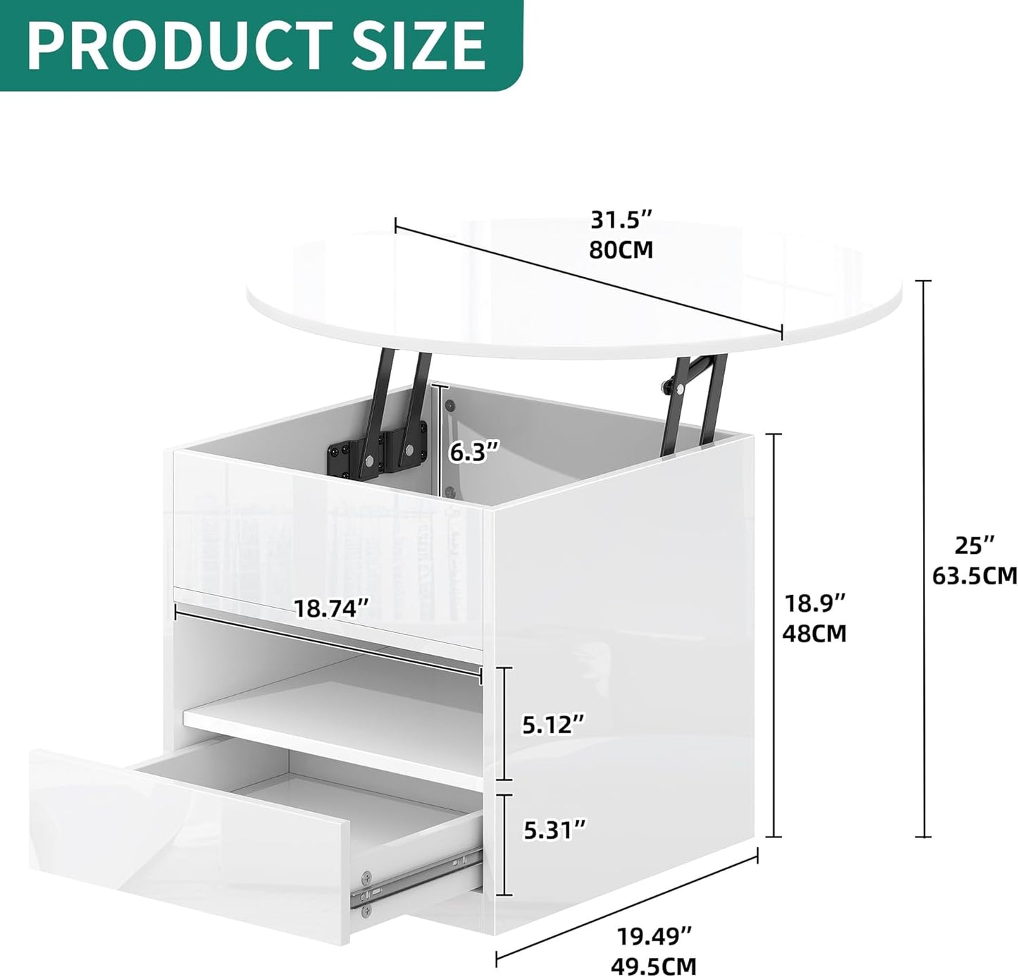 Coffee Table Height Adjustable Coffee Table Round with Lifting Plate, Living Room Table High Gloss with Hidden Storage Compartment and LED Lighting Modern, Side Table Round with 1 Drawer