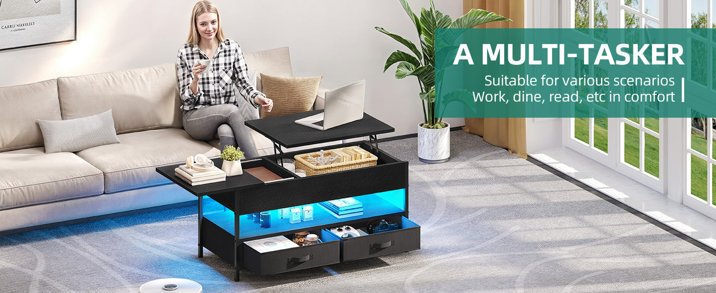 Coffee Table Height Adjustable, Living Room Table with Hidden Storage Compartment for Living Room, Office, Coffee Table with Storage Space and 2 Drawers and LED Light Bar, 106 x 50 x 51.5 cm