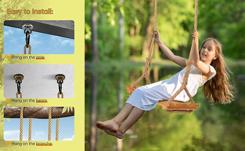 Wooden Swing Seat for Adults Children, Outdoor Wooden Swing with Adjustable Hemp Rope for Indoor and Outdoor Use, Extra Wide Seat, Tree Swing, 19 x 9.8 Inches, Load Capacity: 200 kg